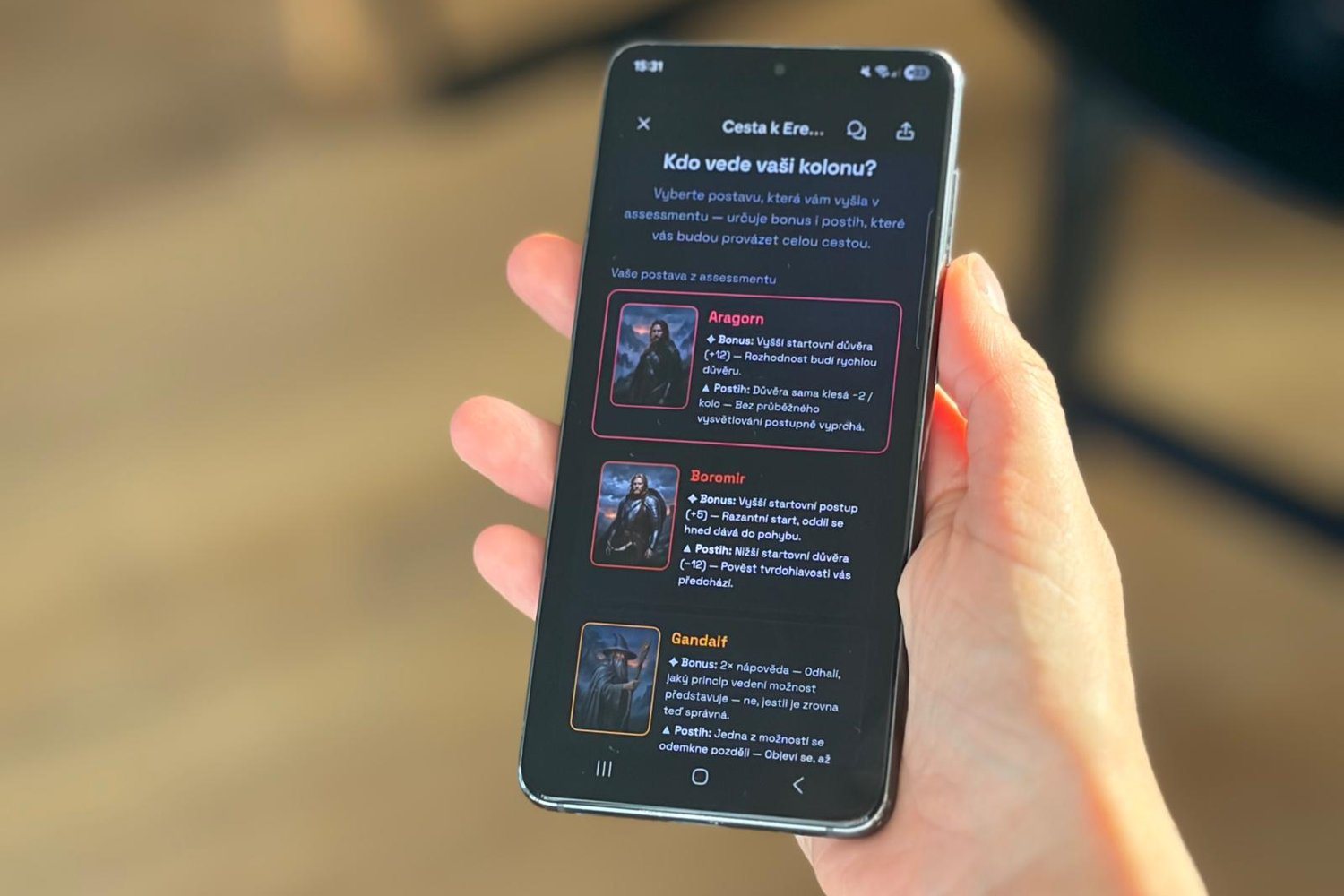 The leadership game Cesta k Ered Calon on a phone – choosing the film character who leads the column